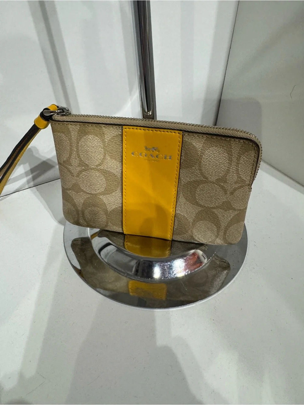 Coach Beige Signature Wristlet with Yellow Stripe